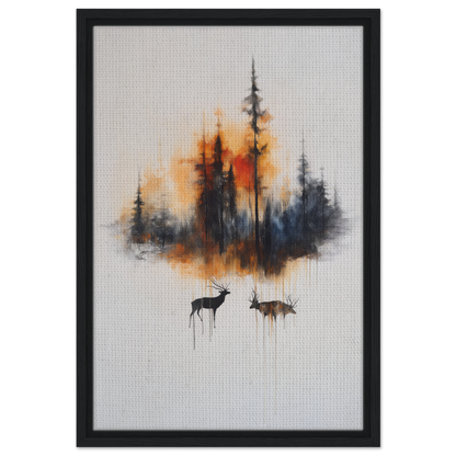 Framed canvas art of Ethereal Sunrise Serenade with forest silhouette and deer