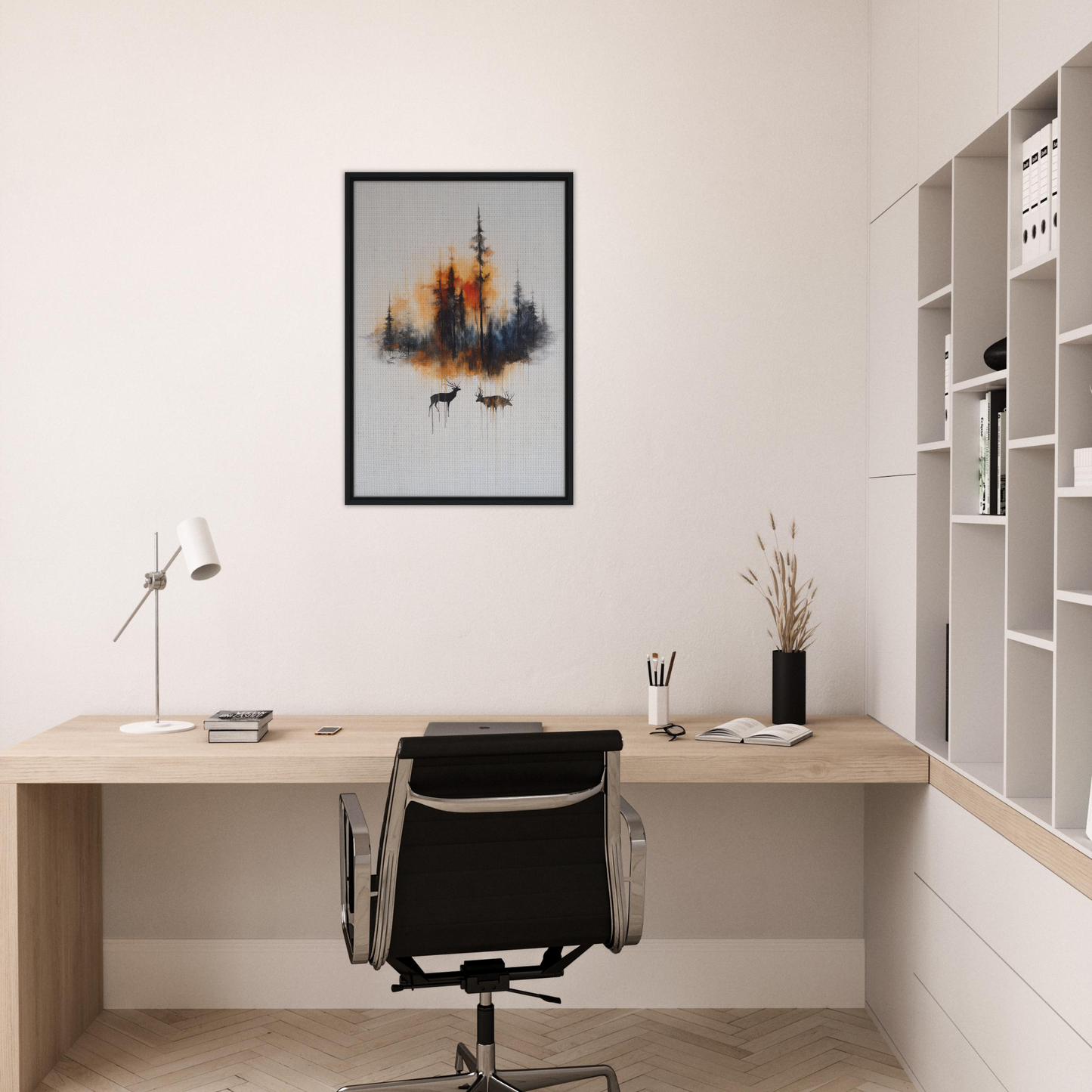 Minimalist home office with wooden desk, black chair, and Ethereal Sunrise Serenade artwork