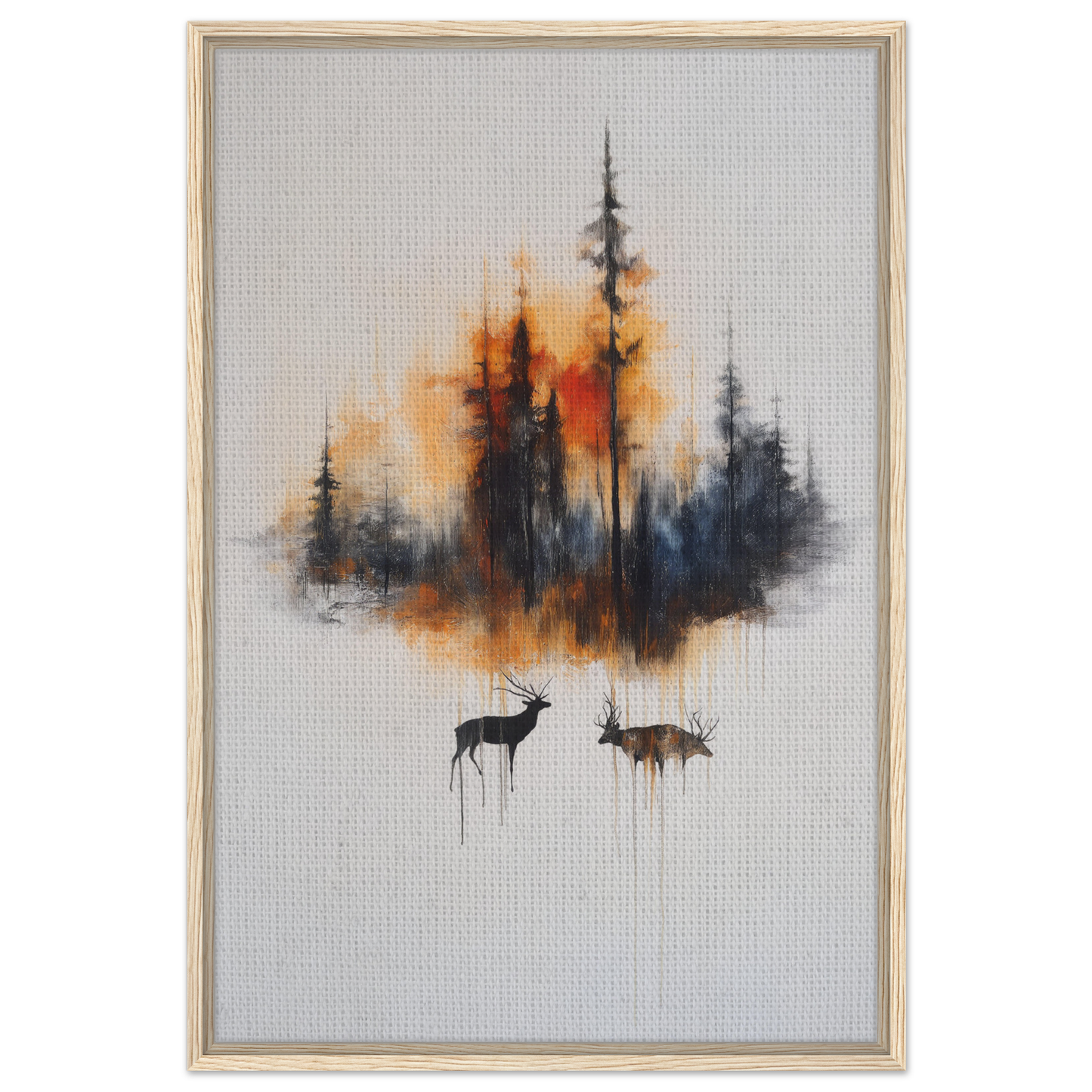 Framed canvas art of a forest silhouette with deer in Ethereal Sunrise Serenade