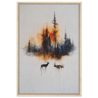 Framed canvas art of a forest silhouette with deer in Ethereal Sunrise Serenade