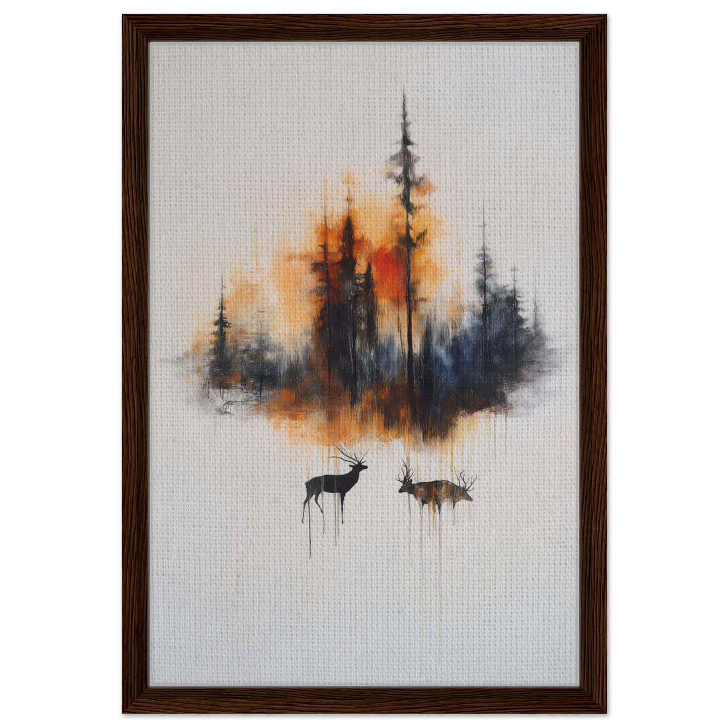 Framed canvas art of a forest silhouette with deer in Ethereal Sunrise Serenade