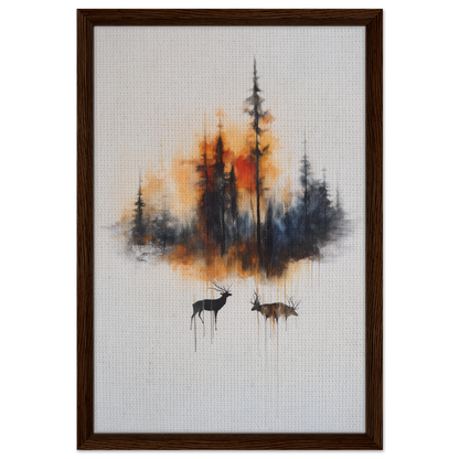 Framed canvas art of a forest silhouette with deer in Ethereal Sunrise Serenade