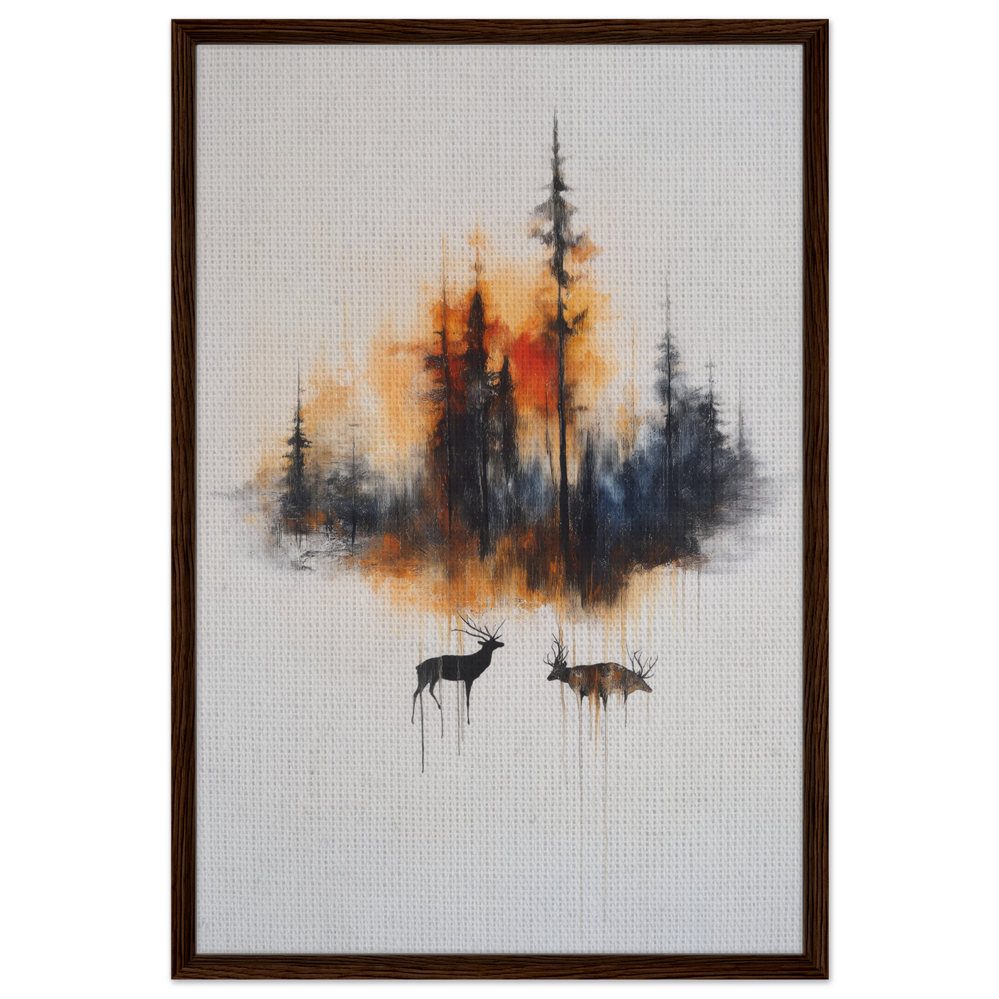 Framed canvas art of Ethereal Sunrise Serenade with forest silhouette and deer