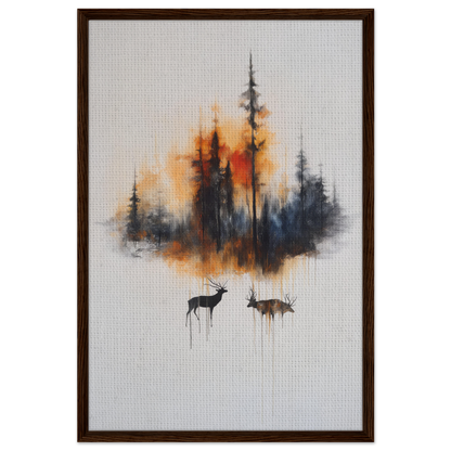 Framed canvas art of Ethereal Sunrise Serenade with forest silhouette and deer