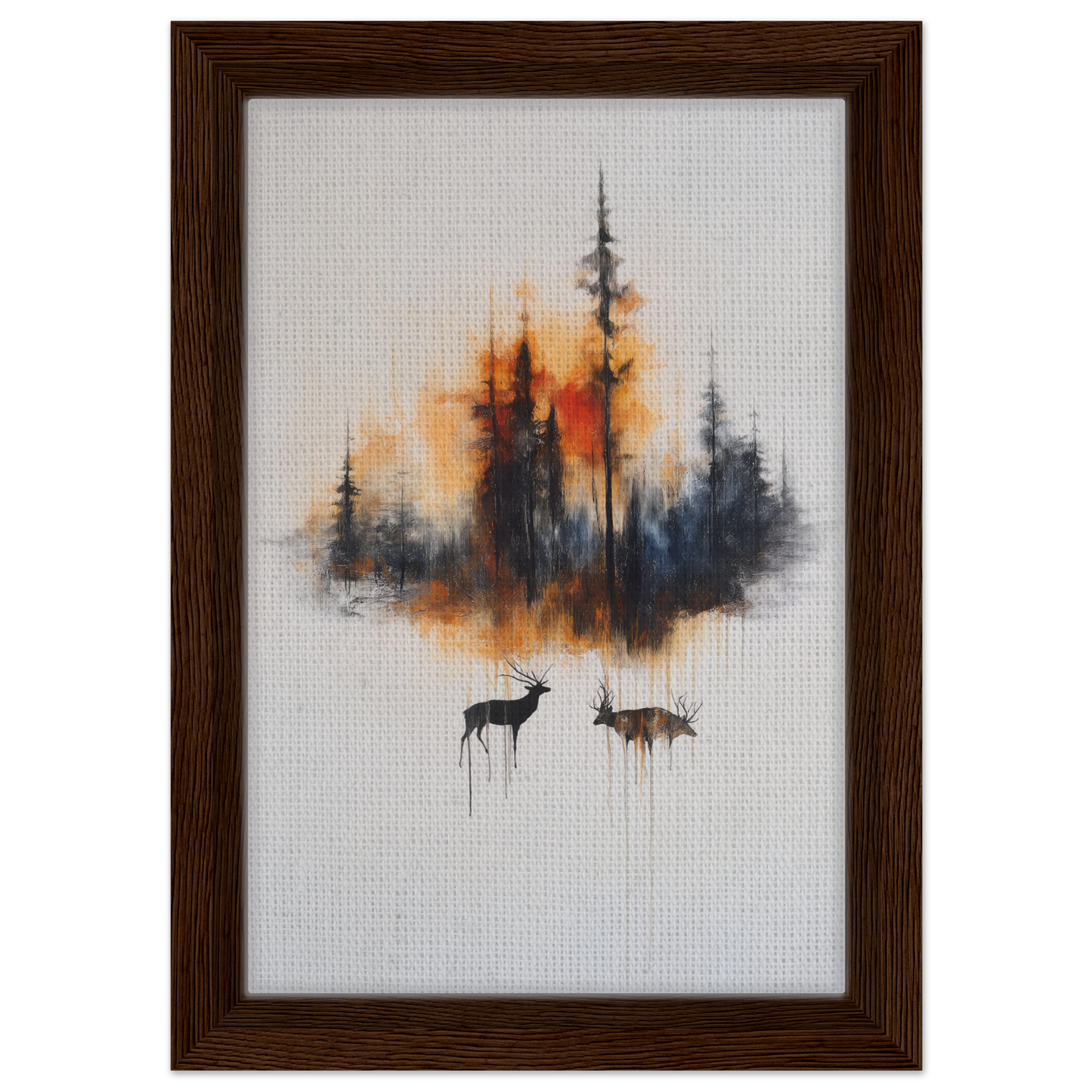 Framed canvas art of forest silhouette and deer in Ethereal Sunrise Serenade