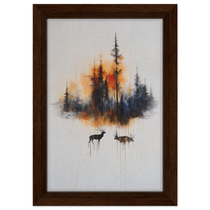 Framed canvas art of forest silhouette and deer in Ethereal Sunrise Serenade