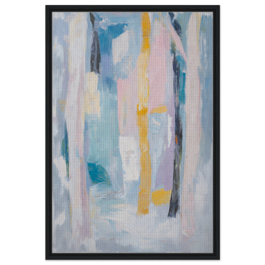 Abstract painting titled Ethereal Tree Murmur with soft blue, yellow, and pink tones