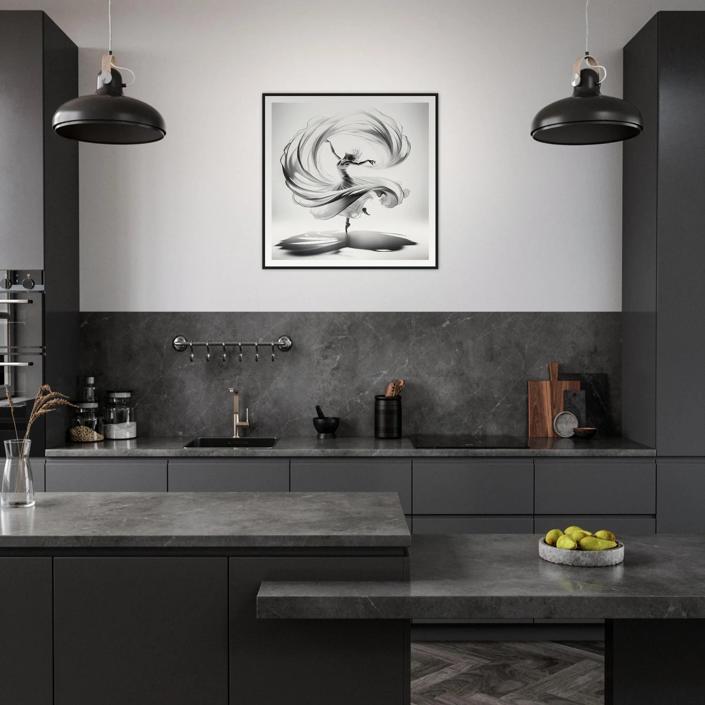 Modern dark kitchen with Ethereal Vortex Symphony framed posters and industrial lights