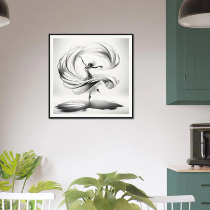 Black and white abstract artwork of swirling feathers in Ethereal Vortex Symphony framed posters