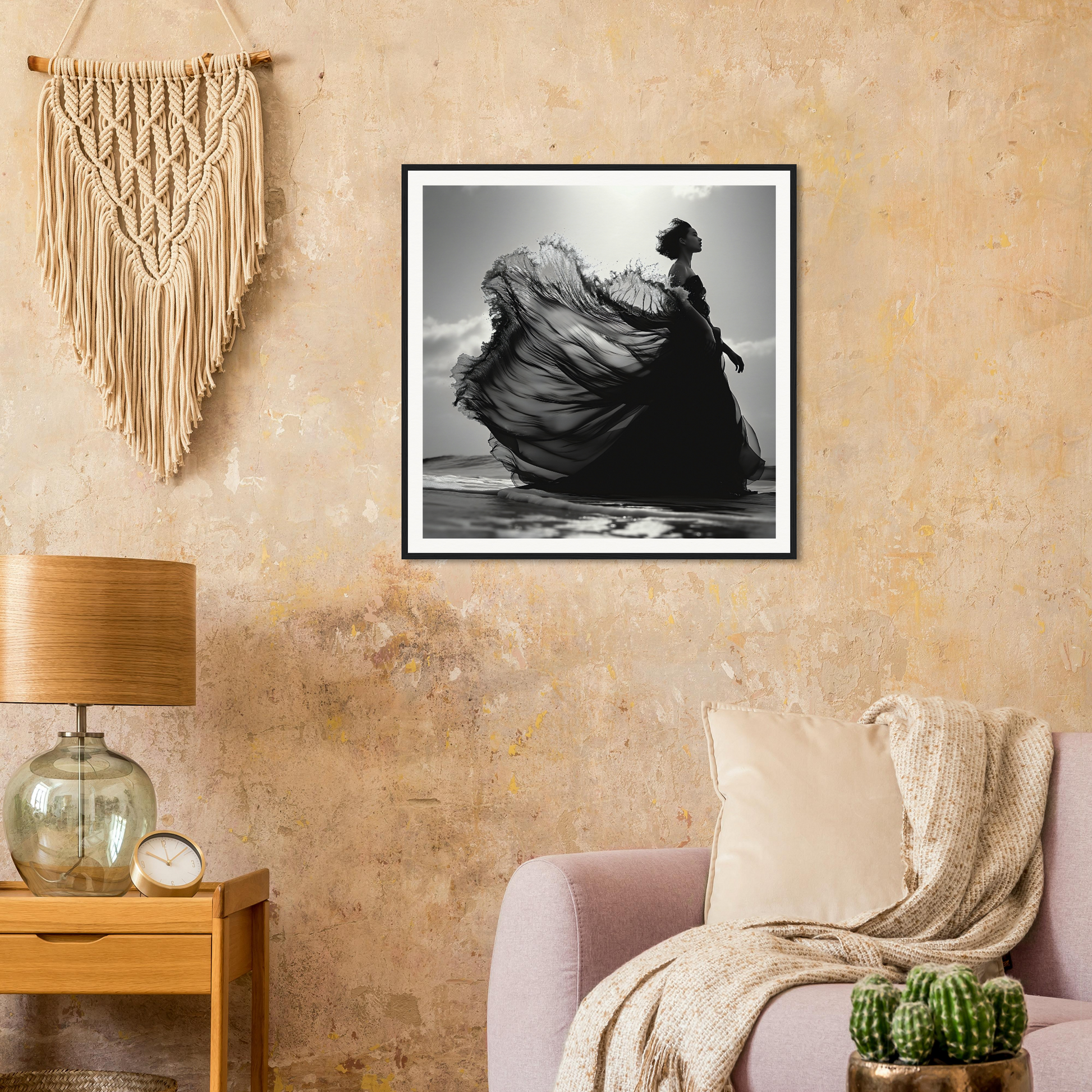 Black and white shot of Ethereal Wave Serenade dress flowing in the wind