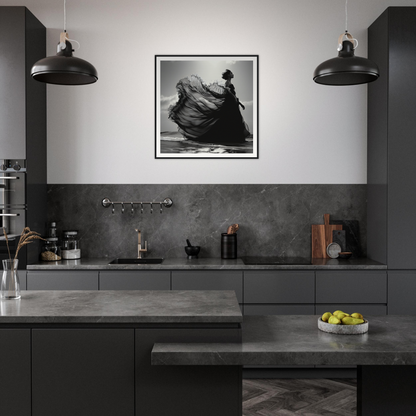 Modern dark gray kitchen with industrial lights and Ethereal Wave Serenade art