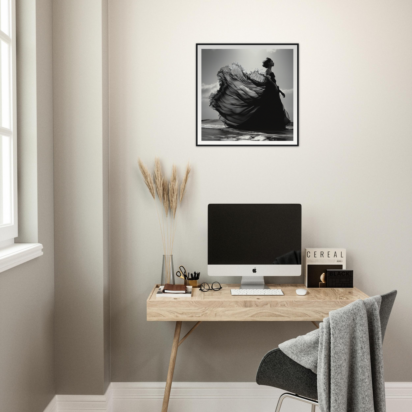 Minimalist wooden desk with iMac and Ethereal Wave Serenade artwork above