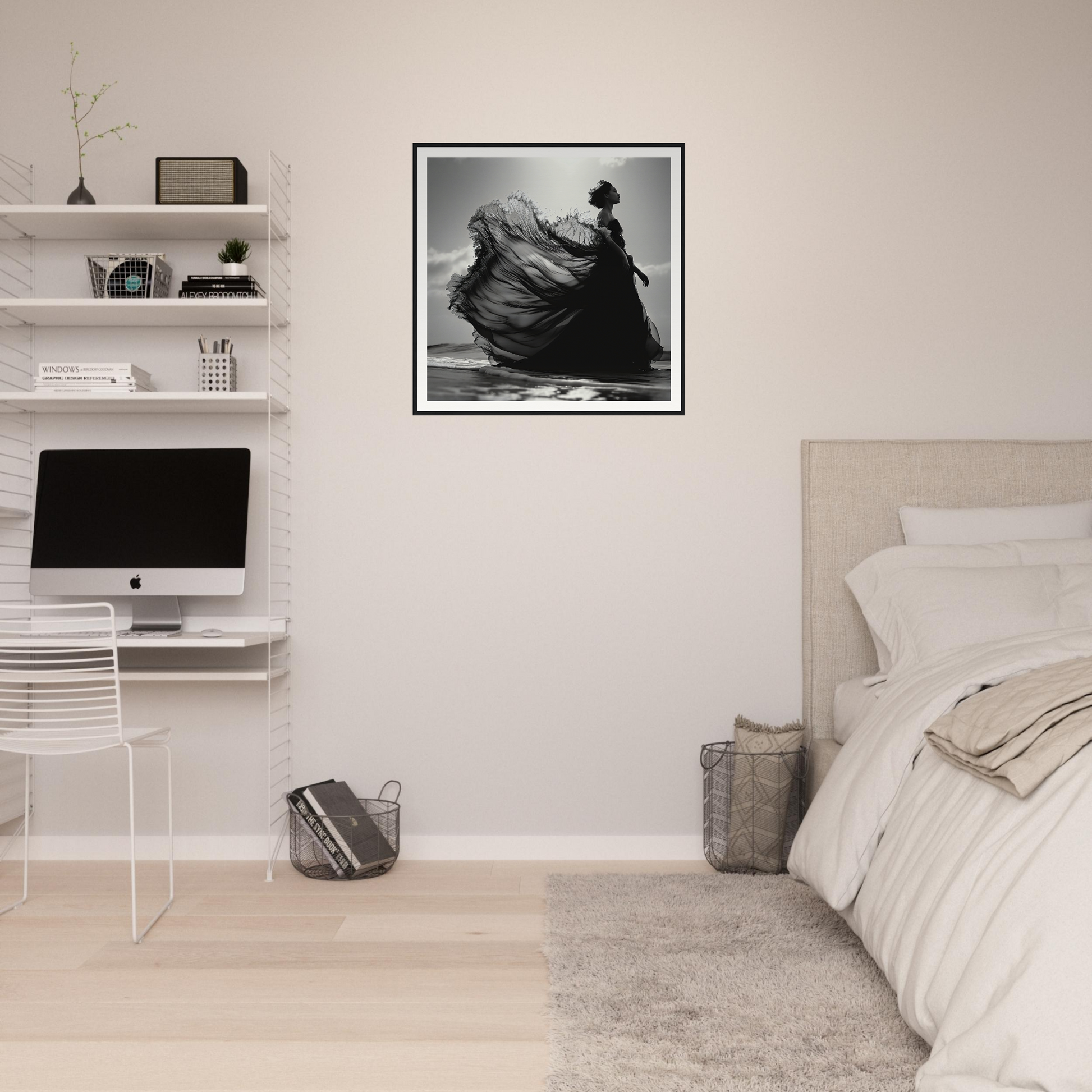 Minimalist bedroom featuring floating shelves, iMac workstation, and Ethereal Wave Serenade art