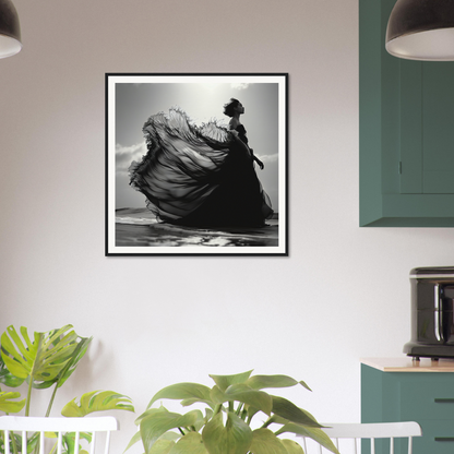 Dramatic black and white photo of a flowing dress for Ethereal Wave Serenade