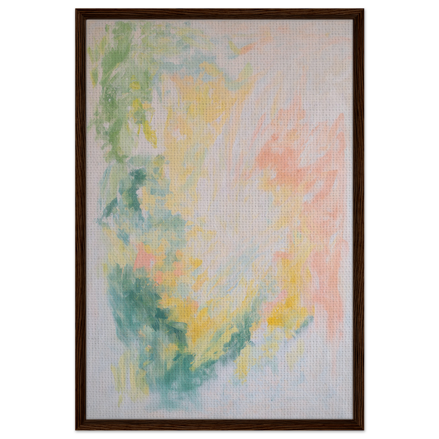 Abstract painting in soft pastel colors, showcasing Ethereal Whispers Ballet on framed canvas