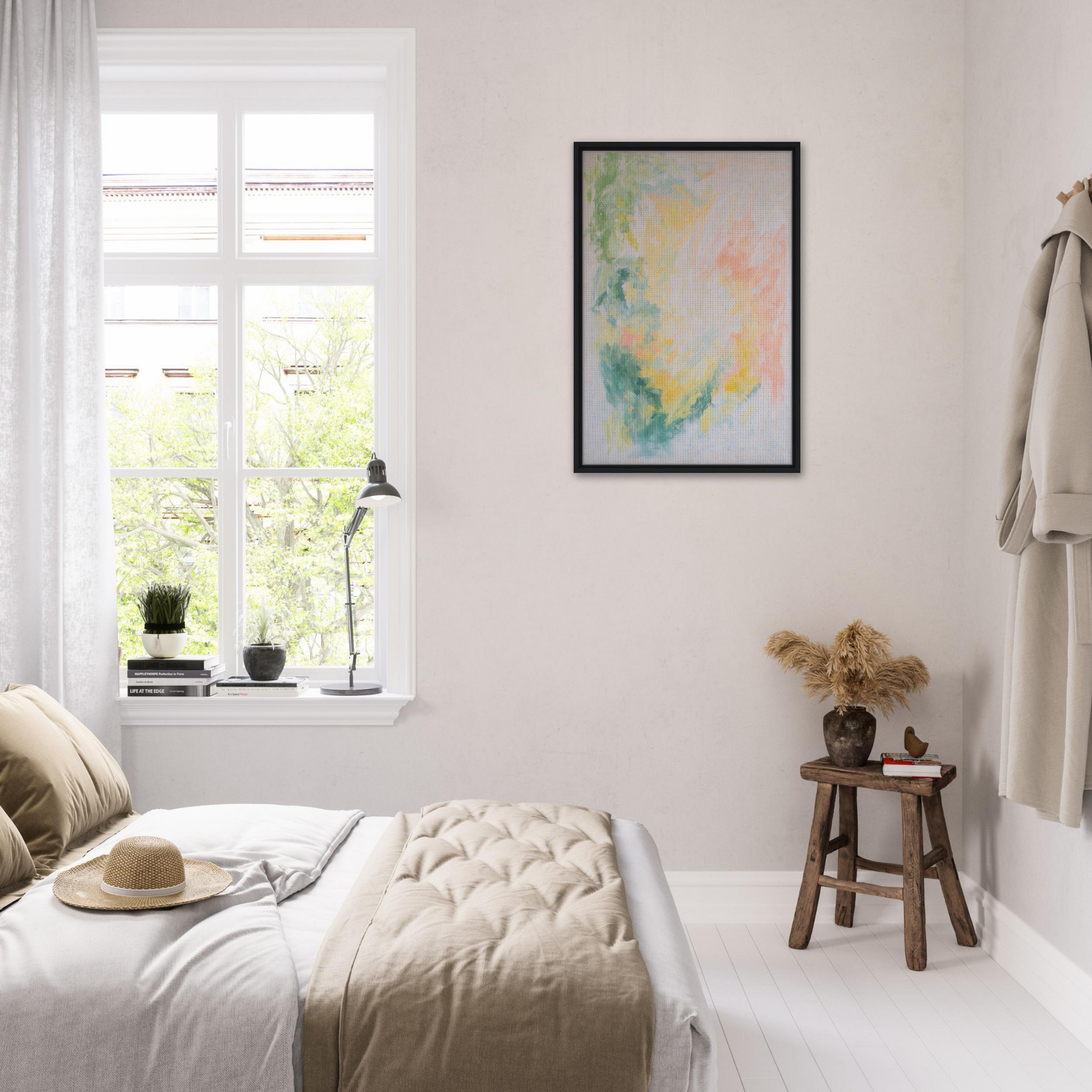 Bright airy bedroom with minimalist decor and pastel artwork for Ethereal Whispers Ballet