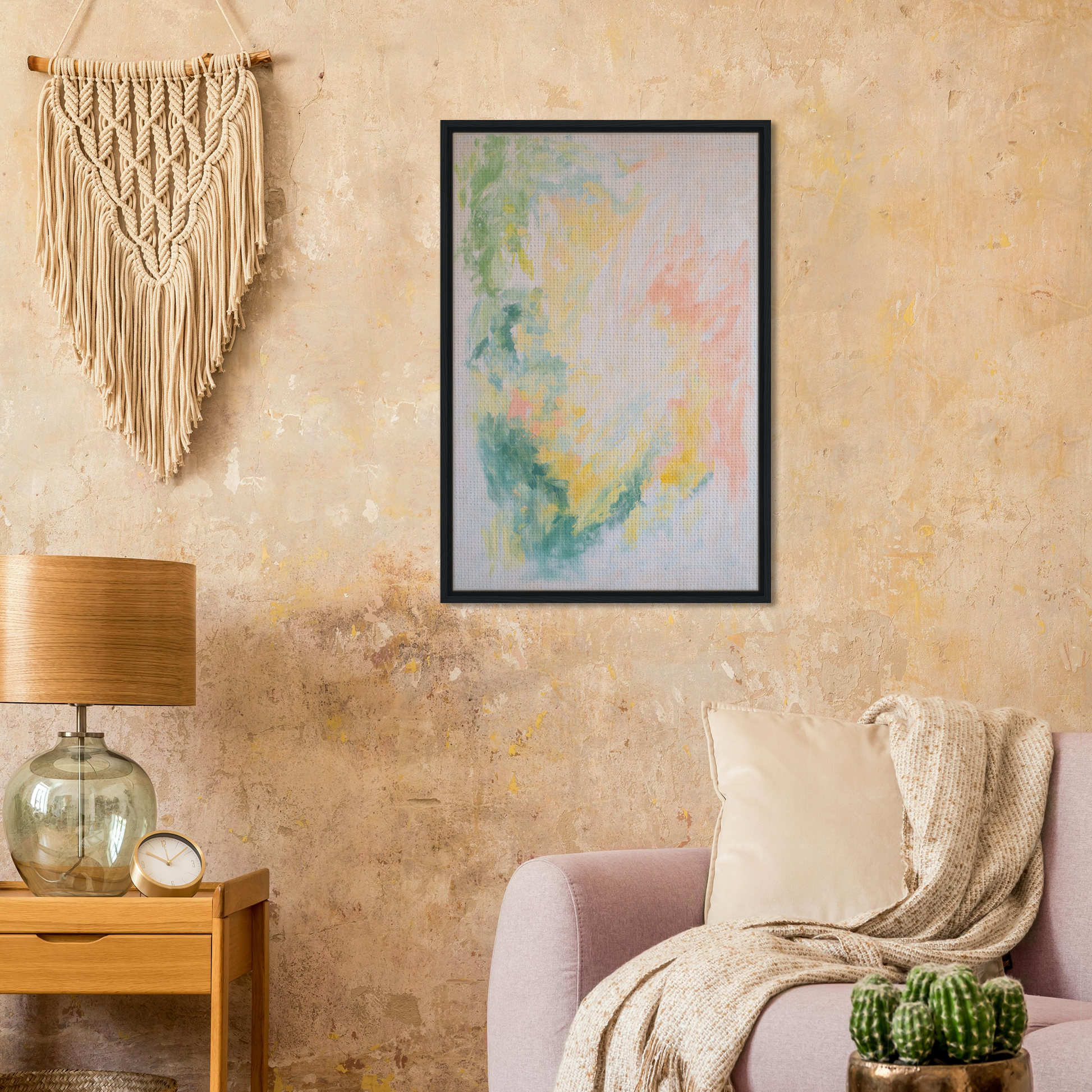 Framed abstract watercolor painting in soft pastels for Ethereal Whispers Ballet room decor