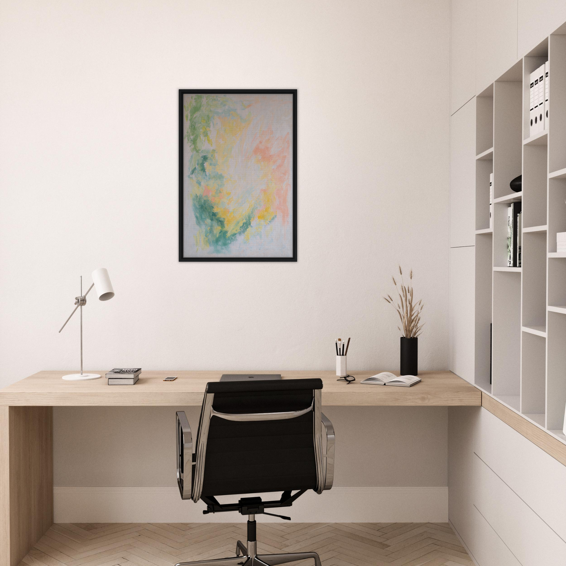 Minimalist home office featuring Ethereal Whispers Ballet framed canvas print