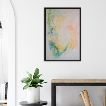 Abstract painting with soft pastel colors in a black frame showcasing Ethereal Whispers Ballet