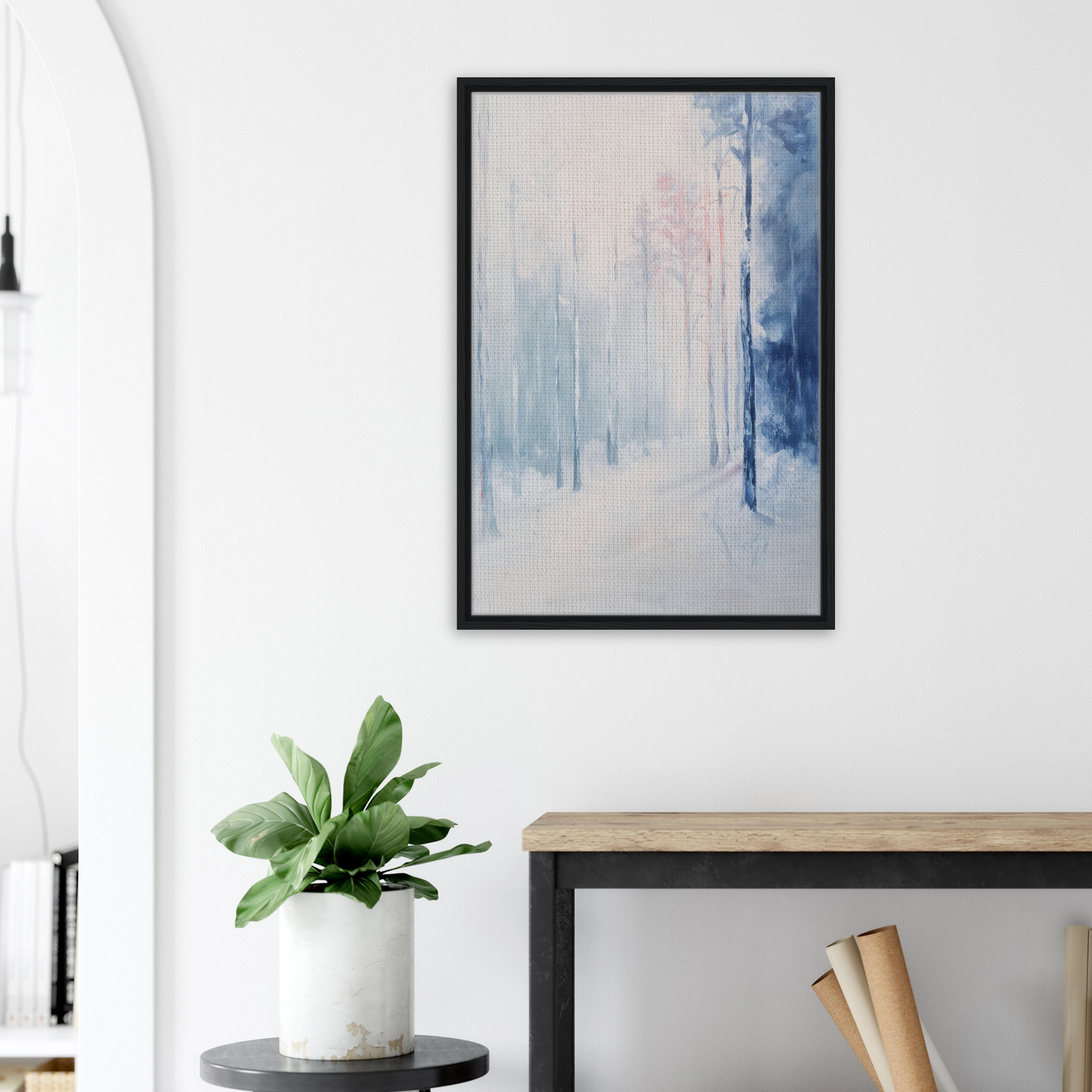 Abstract painting in soft blue and white tones, showcased as Ethereal Winter Soliloquy framed canvas print