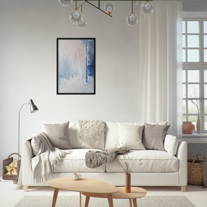 White sofa adorned with throw pillows and blankets for Ethereal Winter Soliloquy room decor