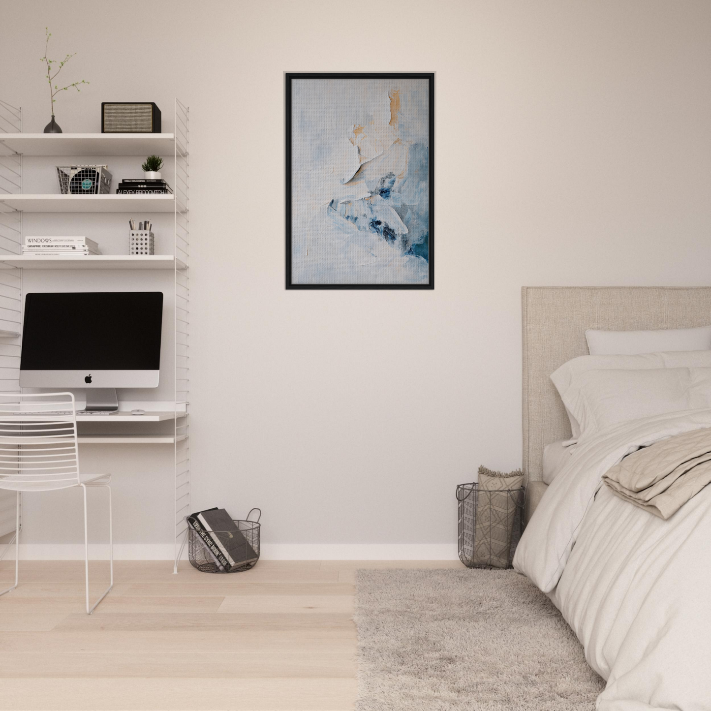 Minimalist bedroom featuring Etheric Silence Dreaming framed canvas print on white walls