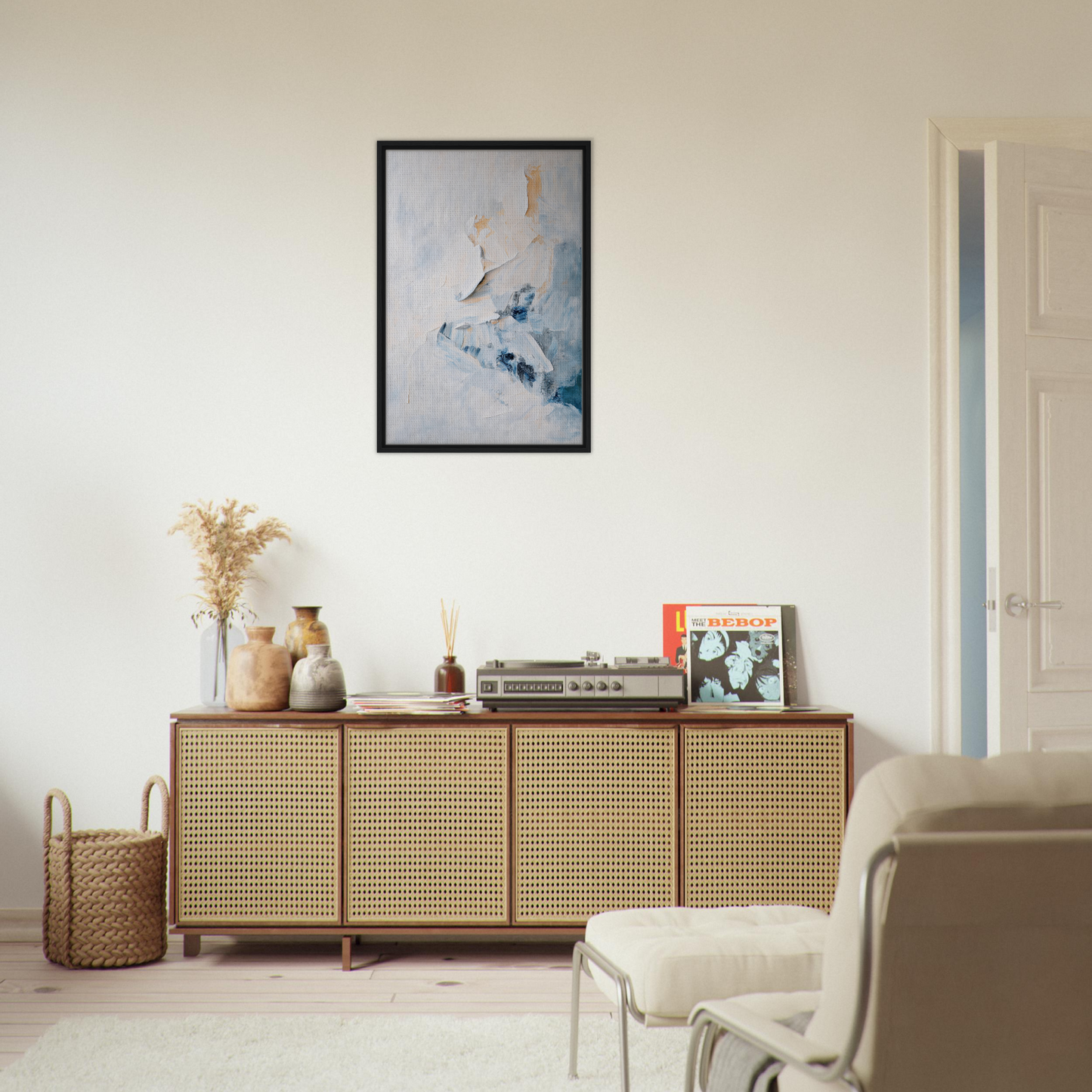 Wooden sideboard with cane-webbed doors and decor, perfect for Etheric Silence Dreaming