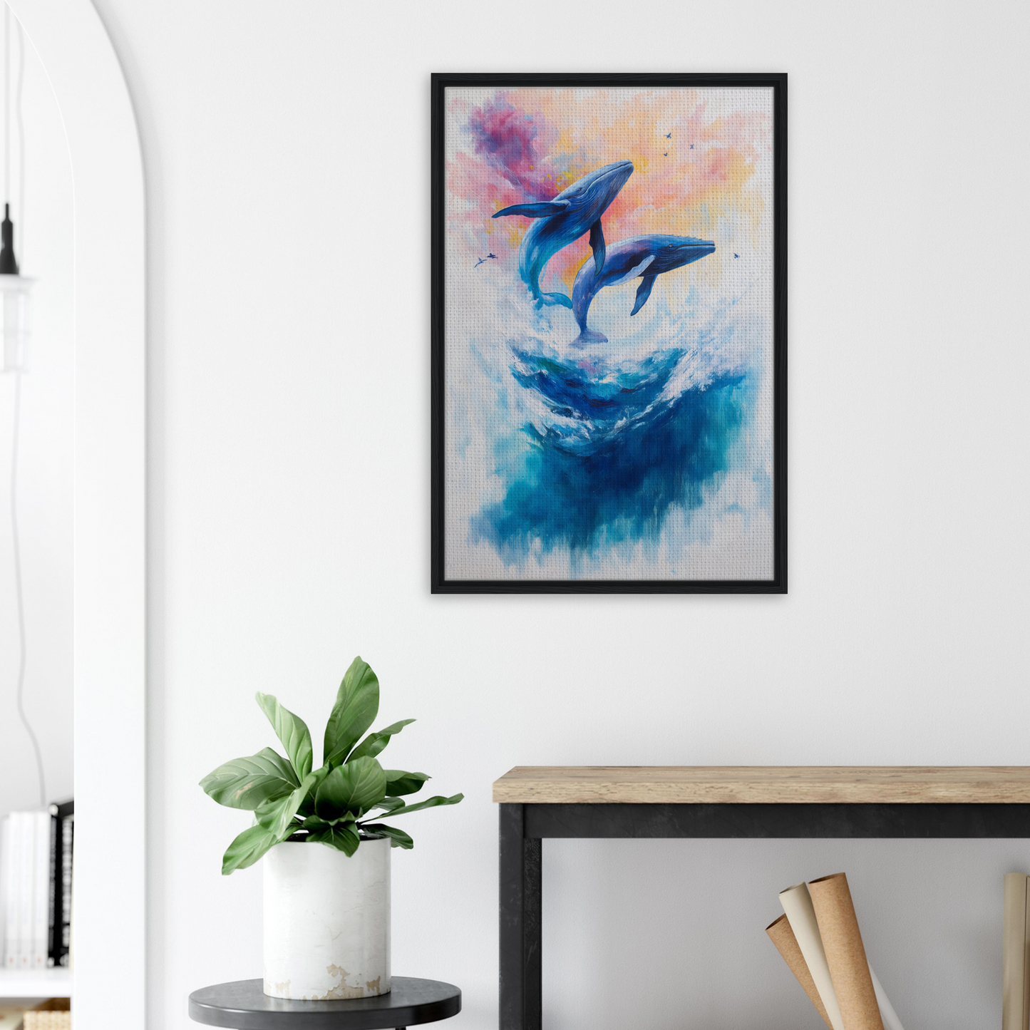 Framed canvas print of blue whales leaping in Euphoria Northbound Sunrise artwork