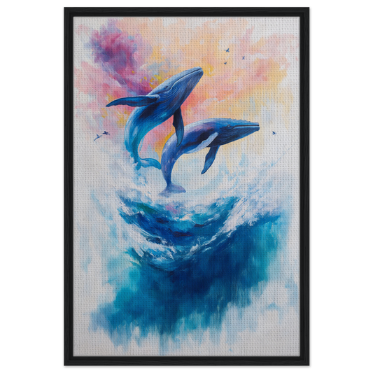 Two blue whales leaping gracefully in Euphoria Northbound Sunrise framed canvas print