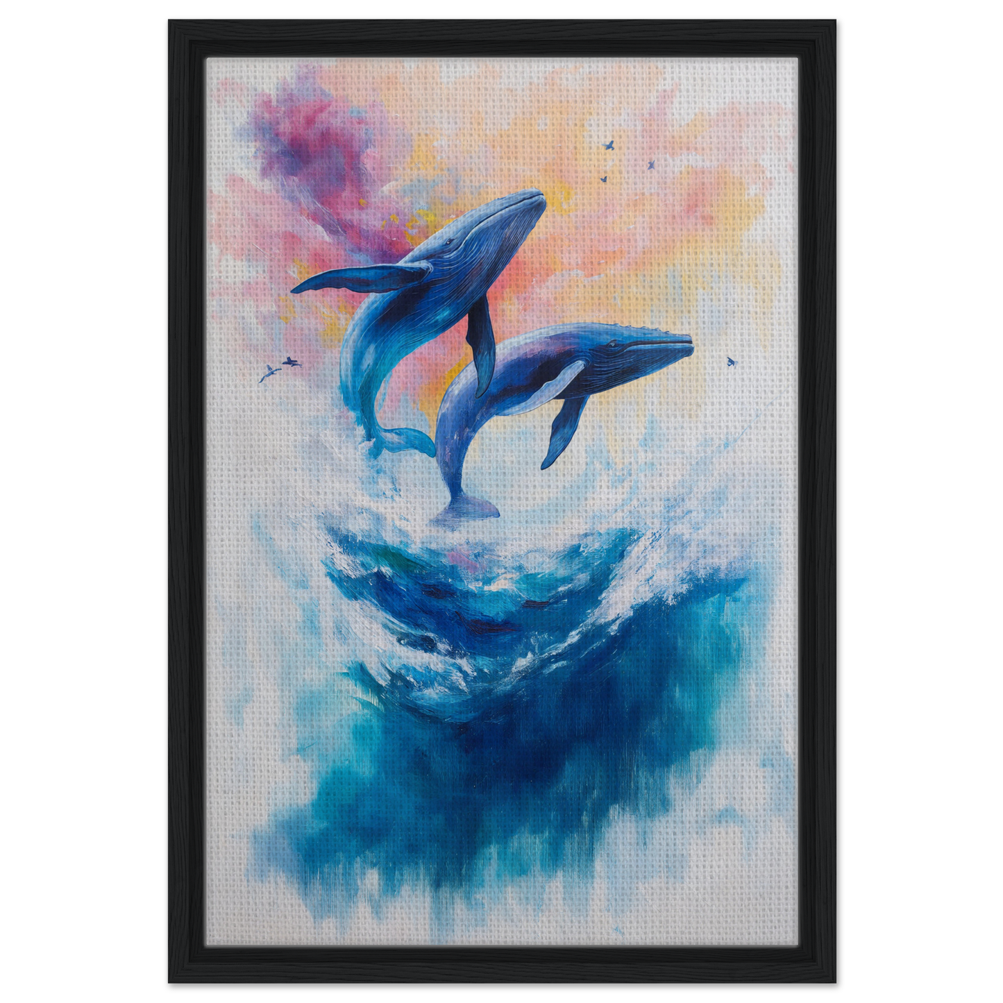 Two blue whales leaping above ocean waves in Euphoria Northbound Sunrise framed canvas print