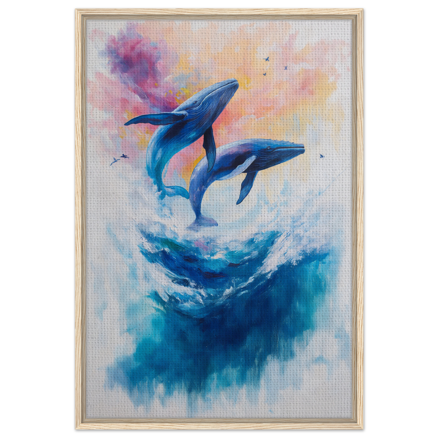 Two blue whales leaping gracefully in Euphoria Northbound Sunrise framed canvas print