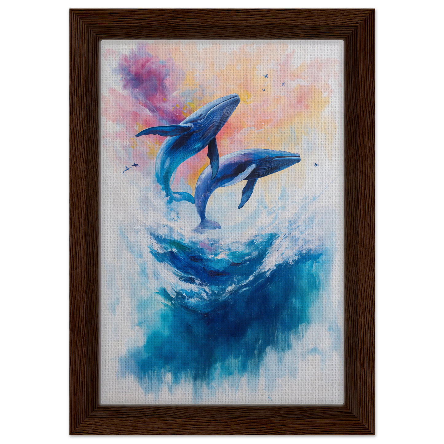 Painting of two blue whales leaping over waves as Euphoria Northbound Sunrise room decor