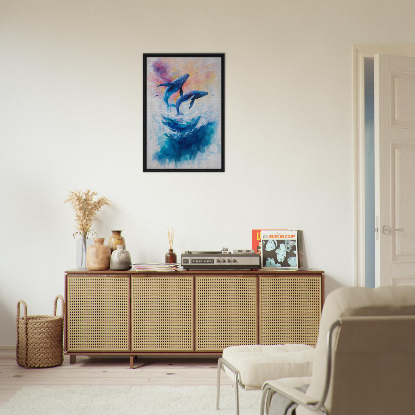 Framed artwork of dolphins leaping in Euphoria Northbound Sunrise room decor