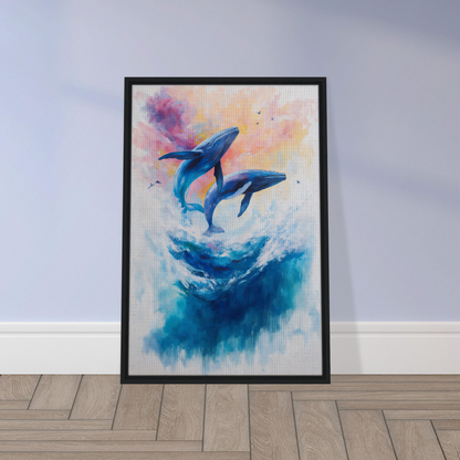 Framed watercolor painting of blue whales leaping, part of Euphoria Northbound Sunrise room decor