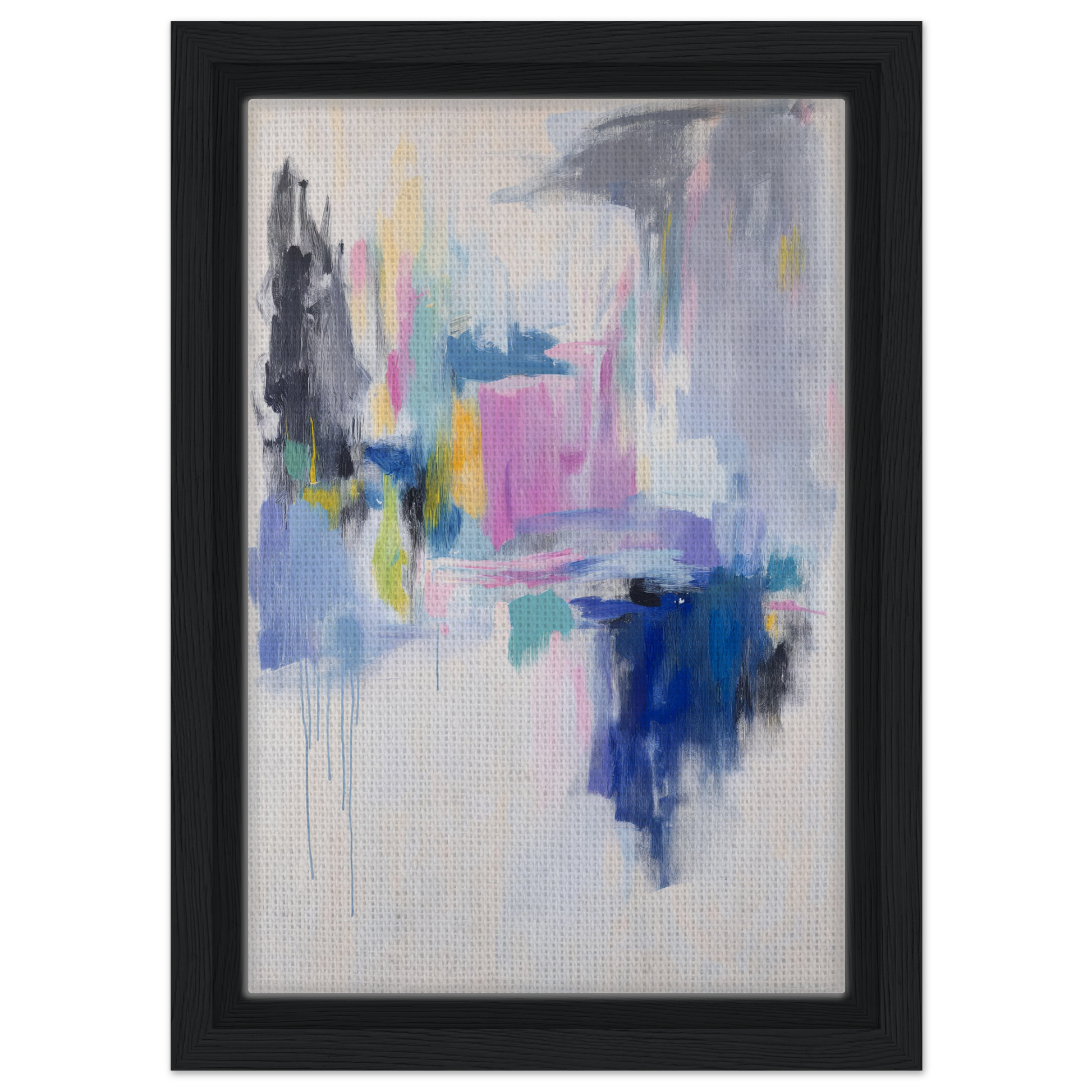 Abstract painting with pastel colors and blue accents in Euphoric Color Frenzy framed canvas print