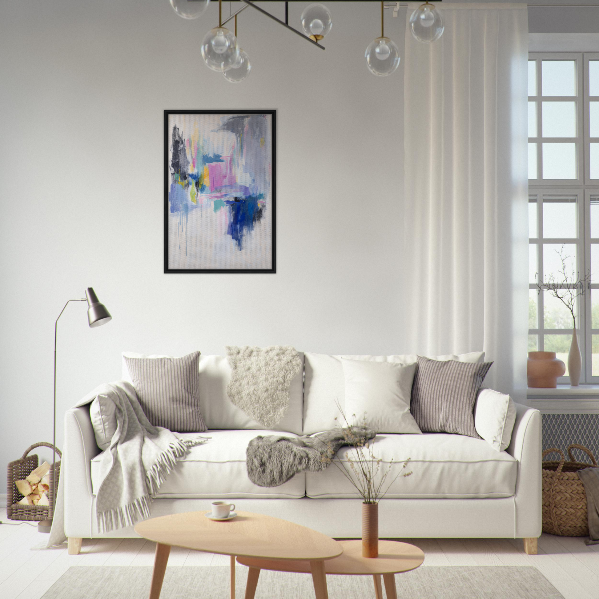 White sofa adorned with throw pillows and blankets in Euphoric Color Frenzy room decor