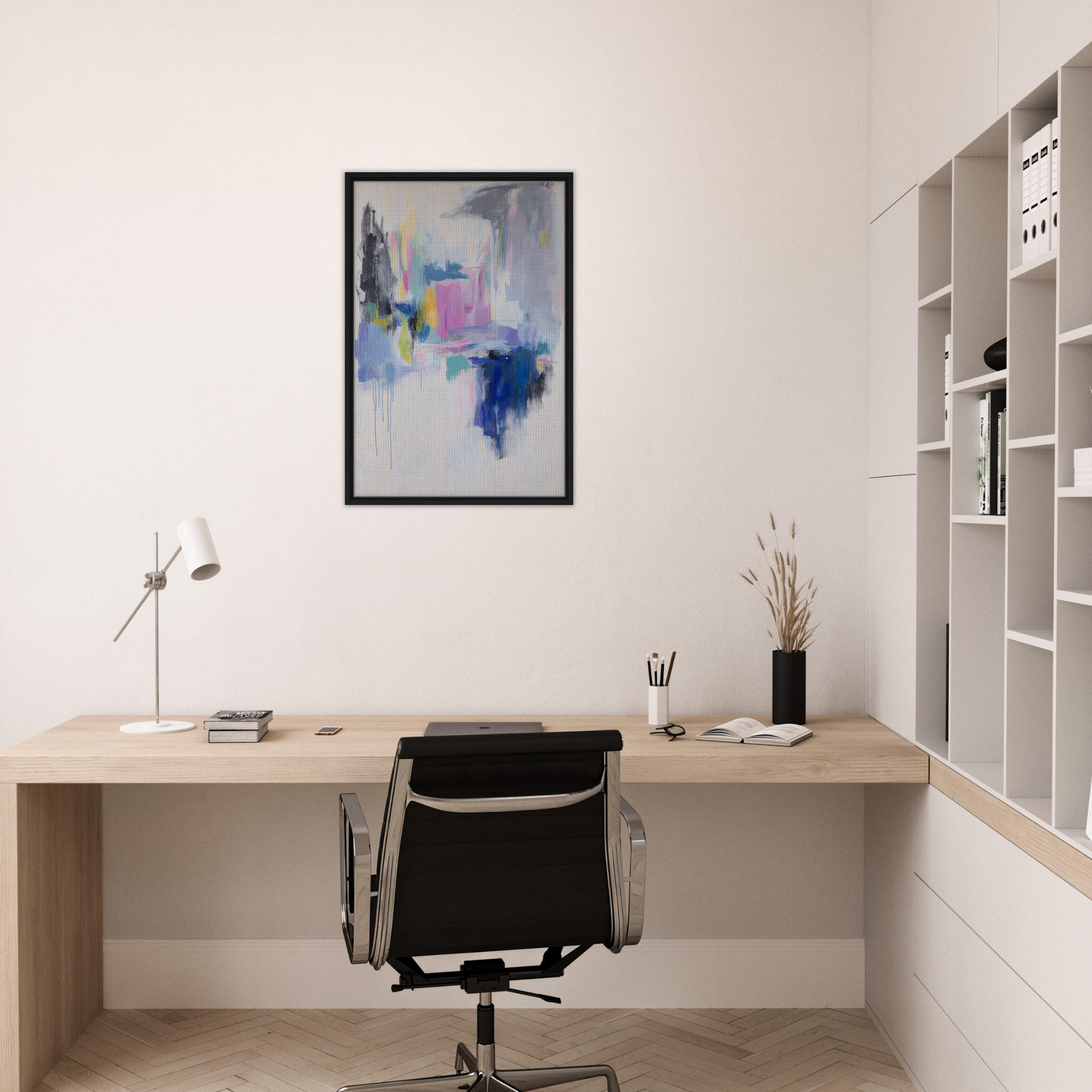 Minimalist home office with wooden desk, chair, and Euphoric Color Frenzy wall art