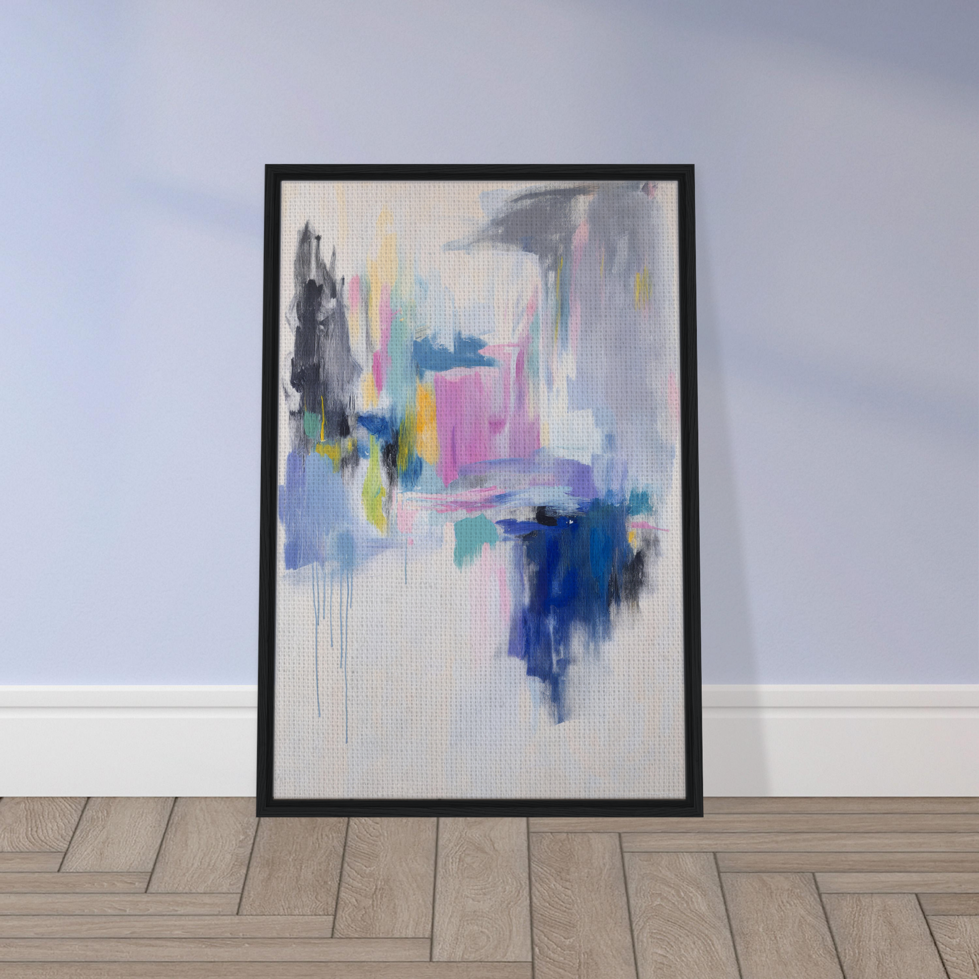 Framed canvas print of Euphoric Color Frenzy featuring vibrant blue, pink, yellow, and gray brushstrokes