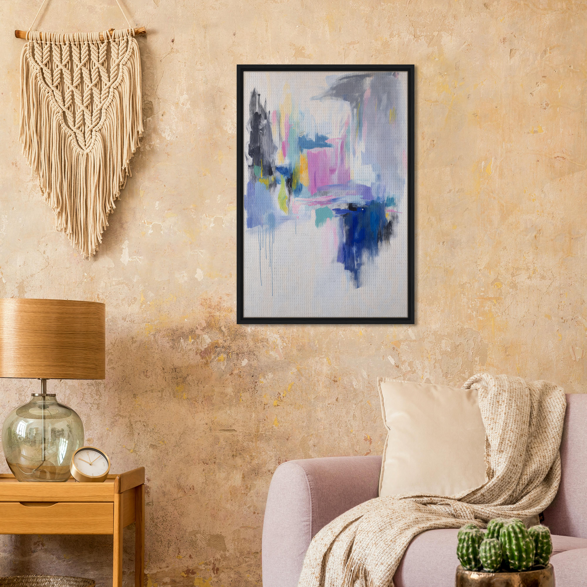 Abstract painting in soft pastels with blue accents, framed as Euphoric Color Frenzy print