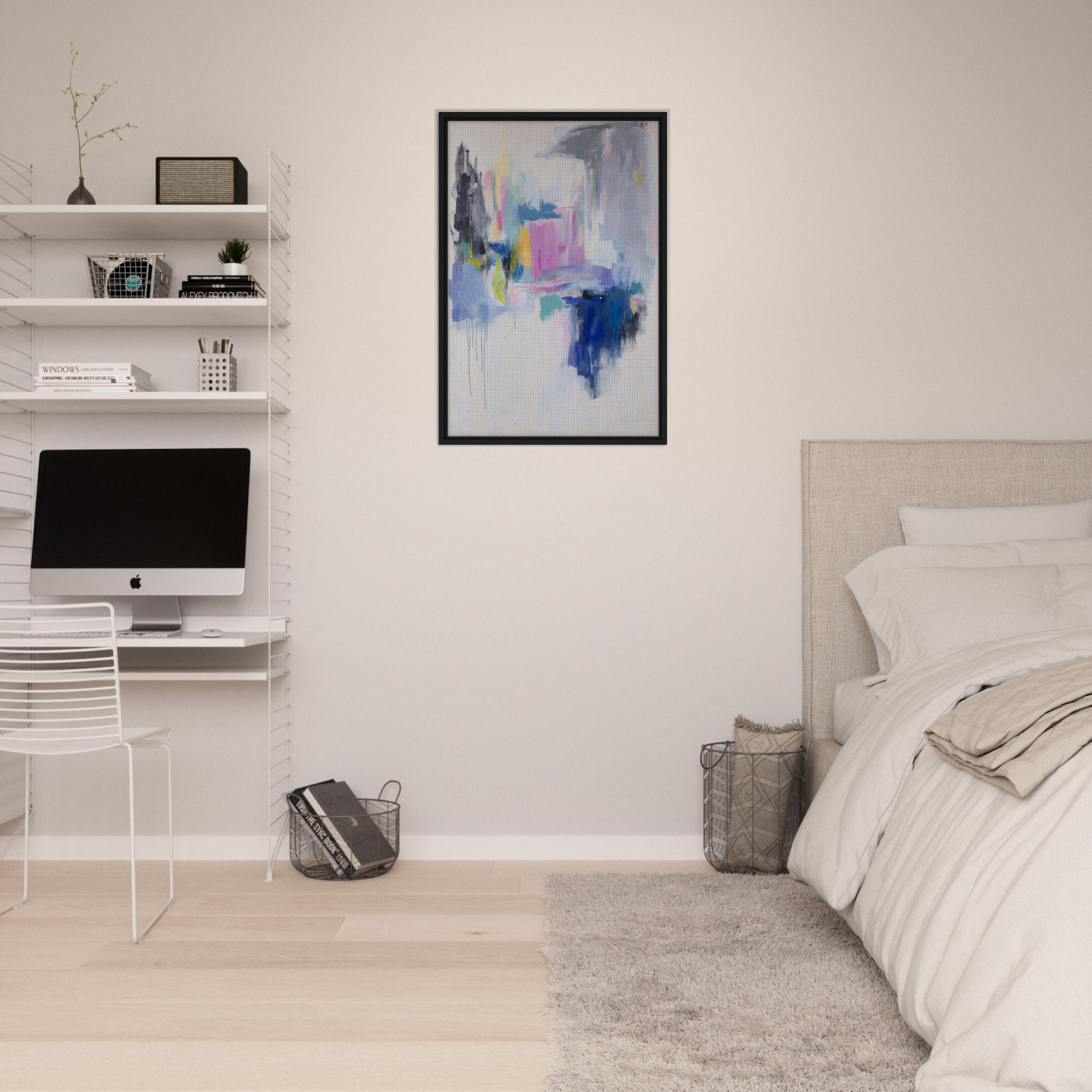 Modern bedroom with minimalist decor featuring Euphoric Color Frenzy wall art and floating desk