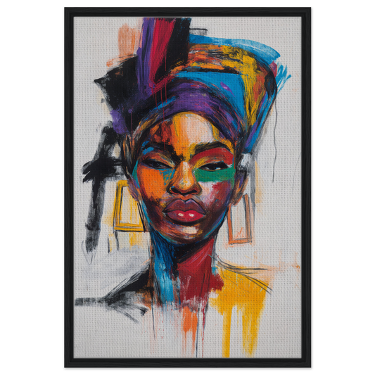 Vibrant portrait of a woman with headdress in Expressionist Color Chorus framed canvas print