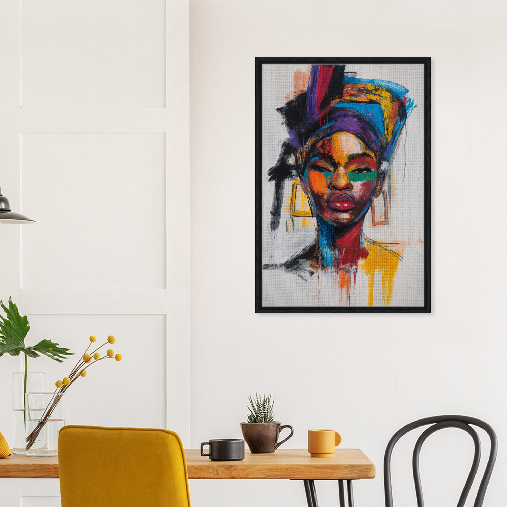 Vibrant expressionist canvas art portrait with colorful headdress for stylish room decor