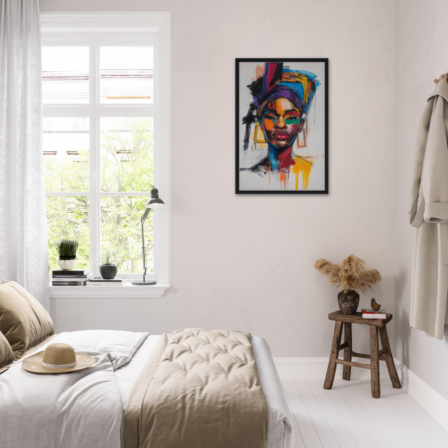 Colorful abstract portrait in black frame enhances Expressionist Color Chorus room decor