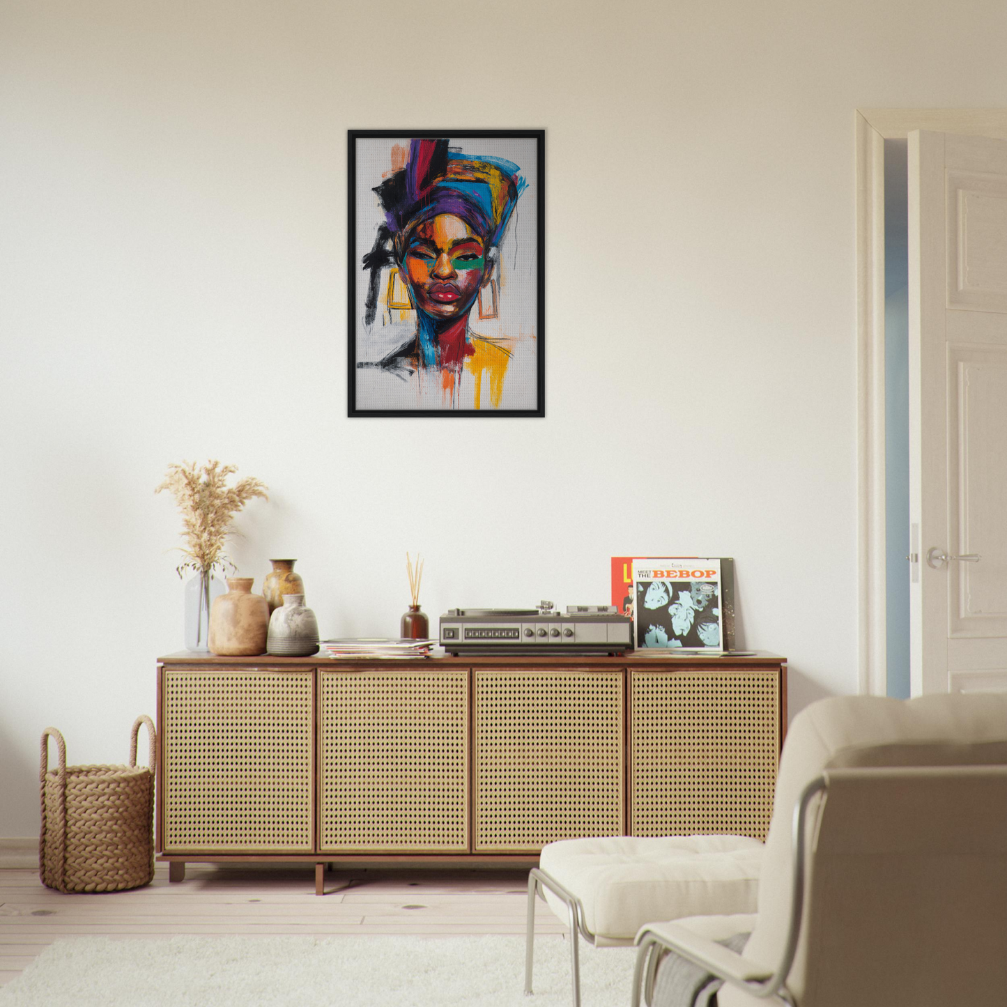 Colorful portrait painting with vibrant headwrap as part of Expressionist Color Chorus room decor