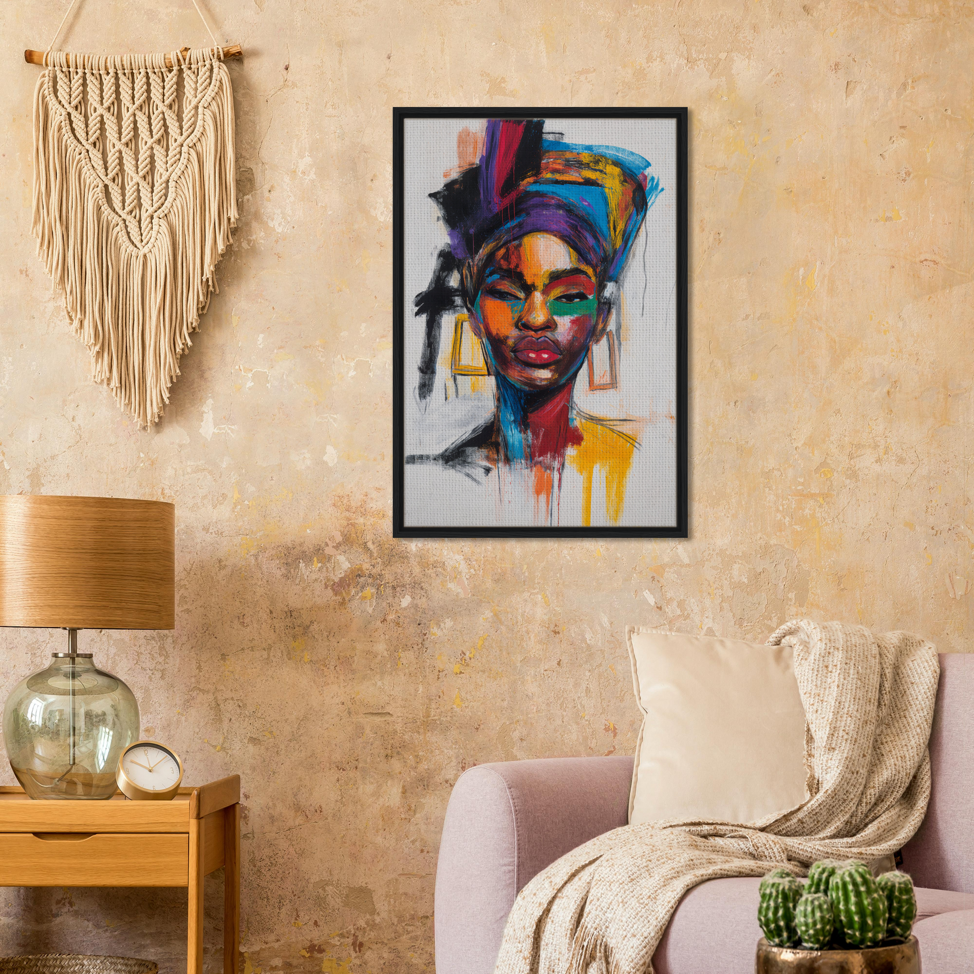 Vibrant portrait in Expressionist Color Chorus featuring a person with a colorful headwrap