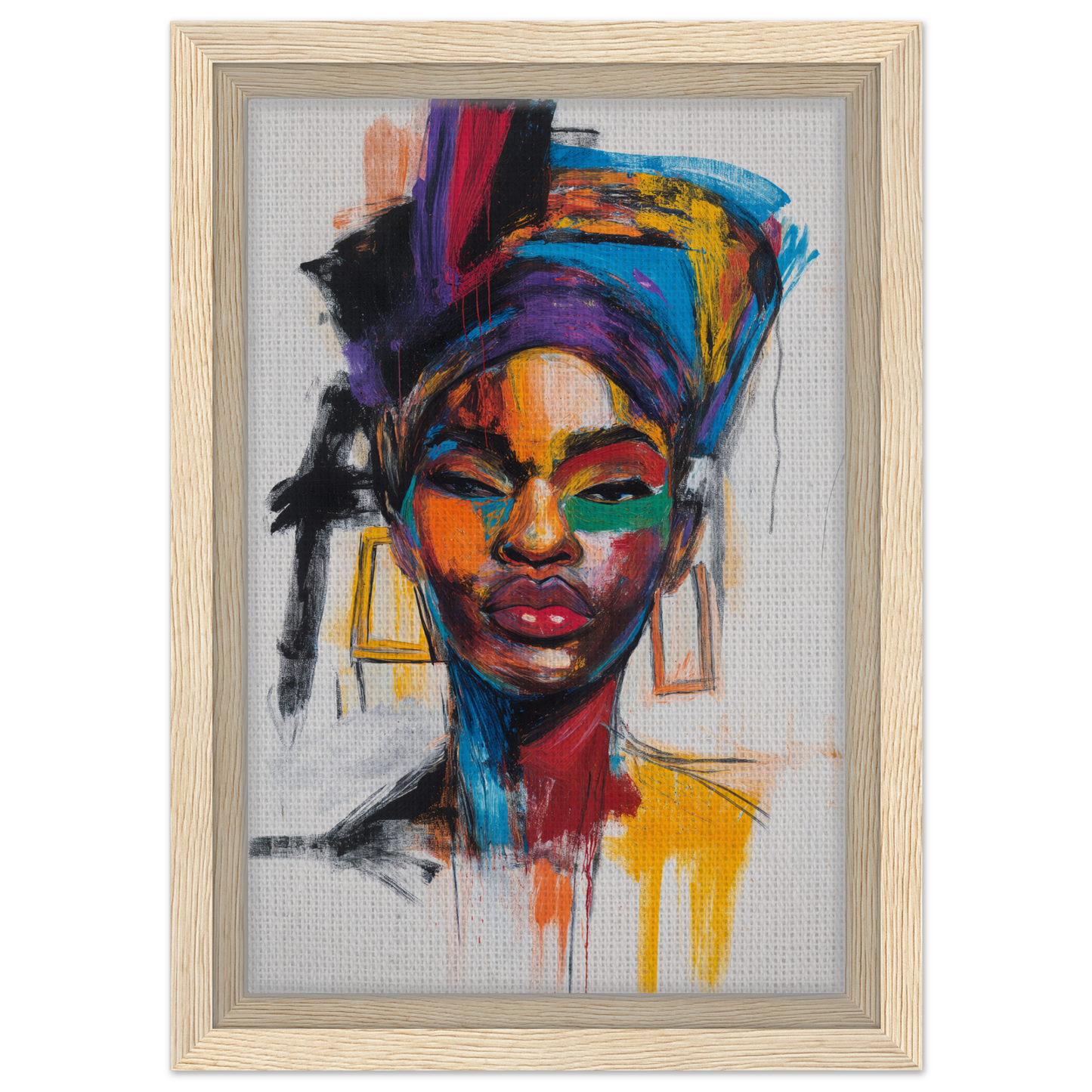 Colorful portrait in Expressionist Color Chorus, showcasing vibrant headwrap and earrings