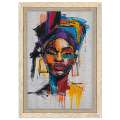 Colorful portrait in Expressionist Color Chorus, showcasing vibrant headwrap and earrings