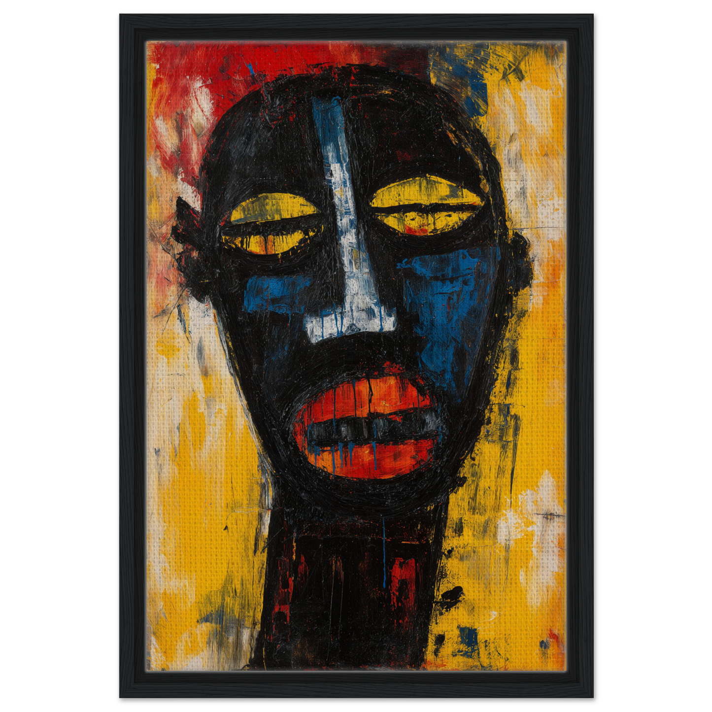 Abstract portrait with bold yellow eyes and red lips for expressive reality gaze wall art