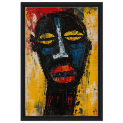 Abstract portrait with bold yellow eyes and red lips for expressive reality gaze wall art