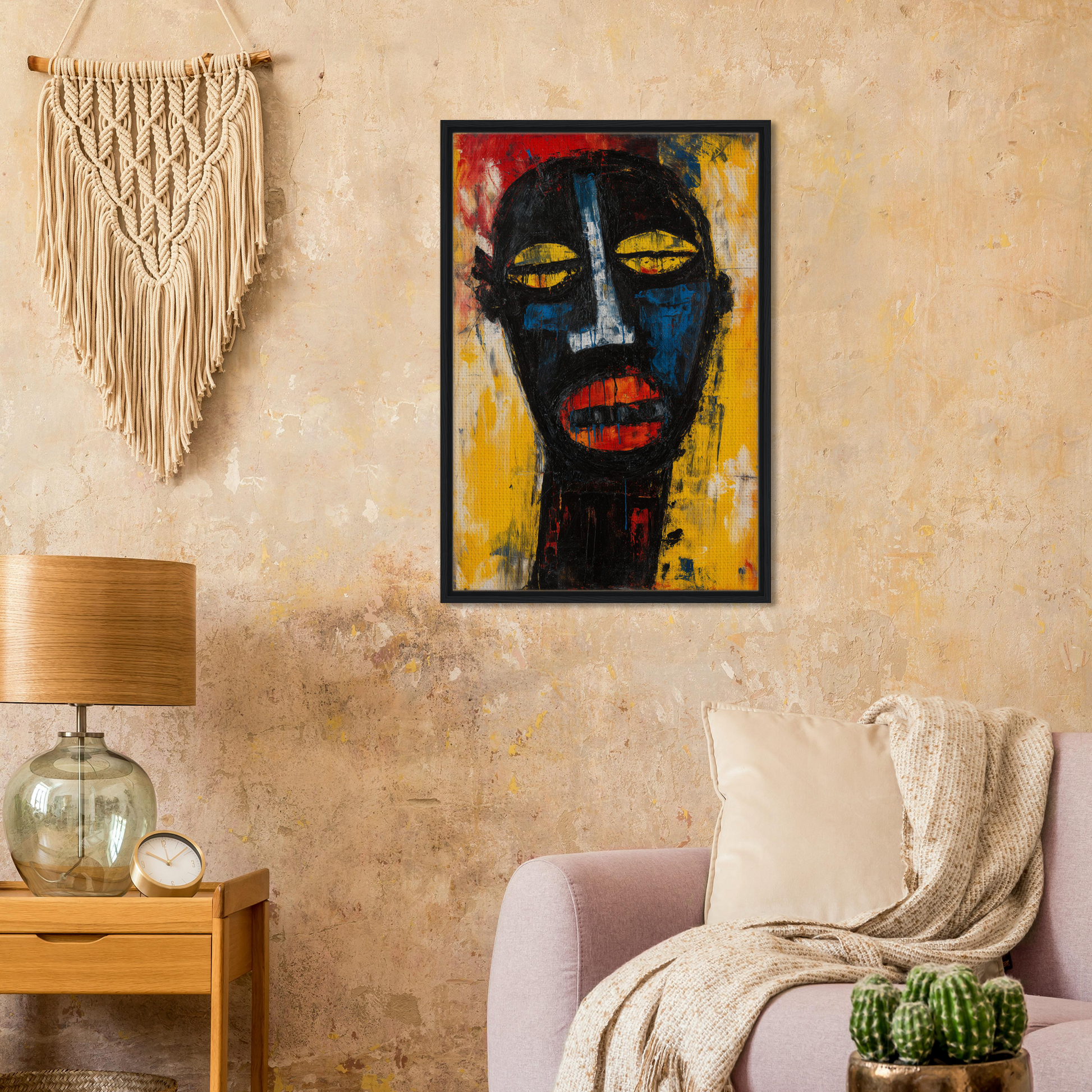 Vibrant abstract portrait painting for room decor featuring expressive reality gaze